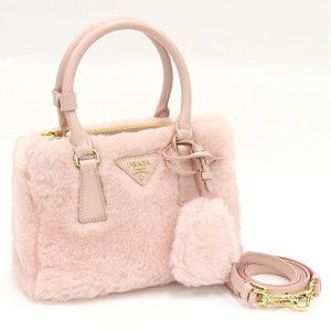 Prada Galleria Handbag Pink Leather Fur Triangle across Shoulder Bag